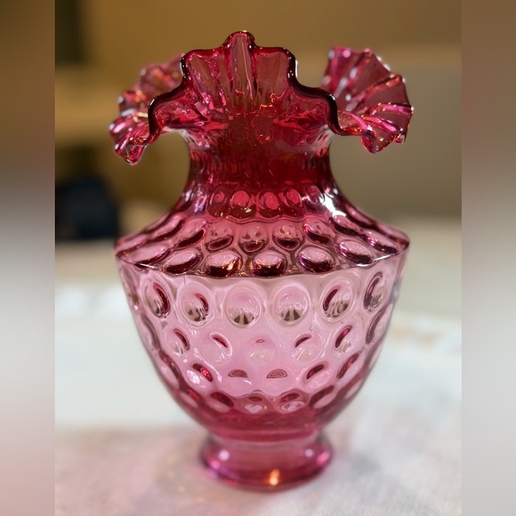 Vintage Fenton Cranberry Glass Beaded Melon Vase - Picture 4 of 7